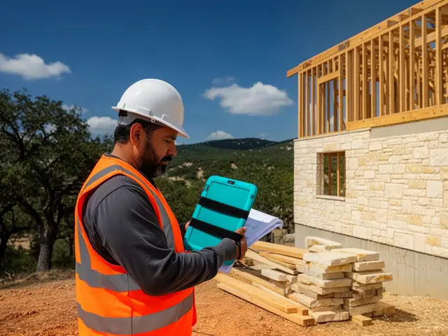 Home builder in a white hard hat and orange safety vest reviewing plans at a Hill Country jobsite