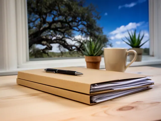 Two closed kraft folders with a black pen on a pale desk, a mug and aloe plants by a window with a live oak outside