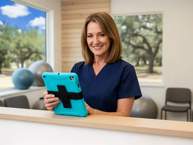 Physical therapy clinic office manager in navy scrubs holding a tablet at the front desk