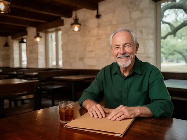 Smiling grey-haired man in a green shirt with both hands on a closed folder at a table in an empty stone-walled dining room