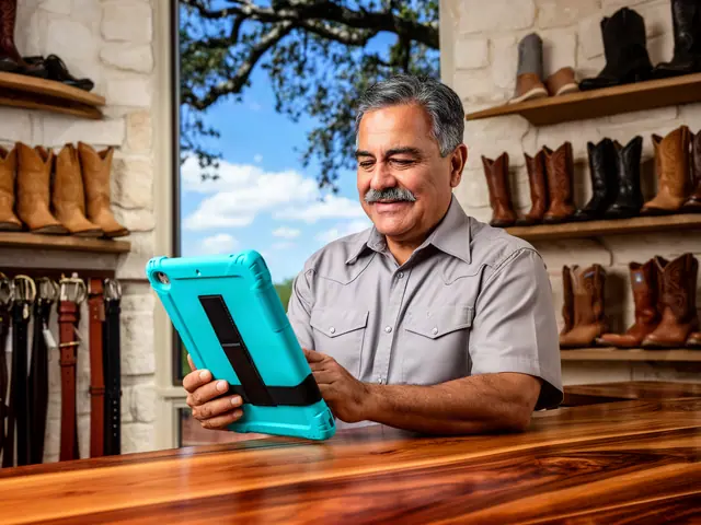 Western boot shop owner behind a mesquite counter reviewing sales on a tablet