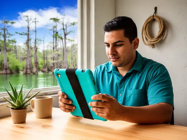 Man in a teal shirt reading a turquoise tablet at a wooden desk by a window with cypress trees and a green river
