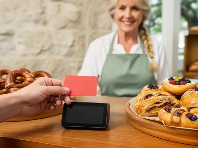 Customer holding a red payment card over a countertop card terminal in a bakery