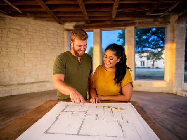 Two business partners smiling over a floor-plan sketch in an empty limestone storefront