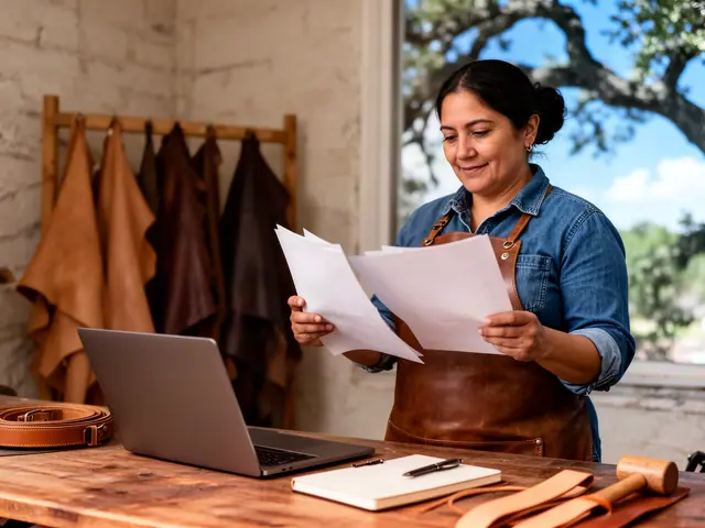 Leather workshop owner in a leather apron reviewing printed sheets beside an open laptop